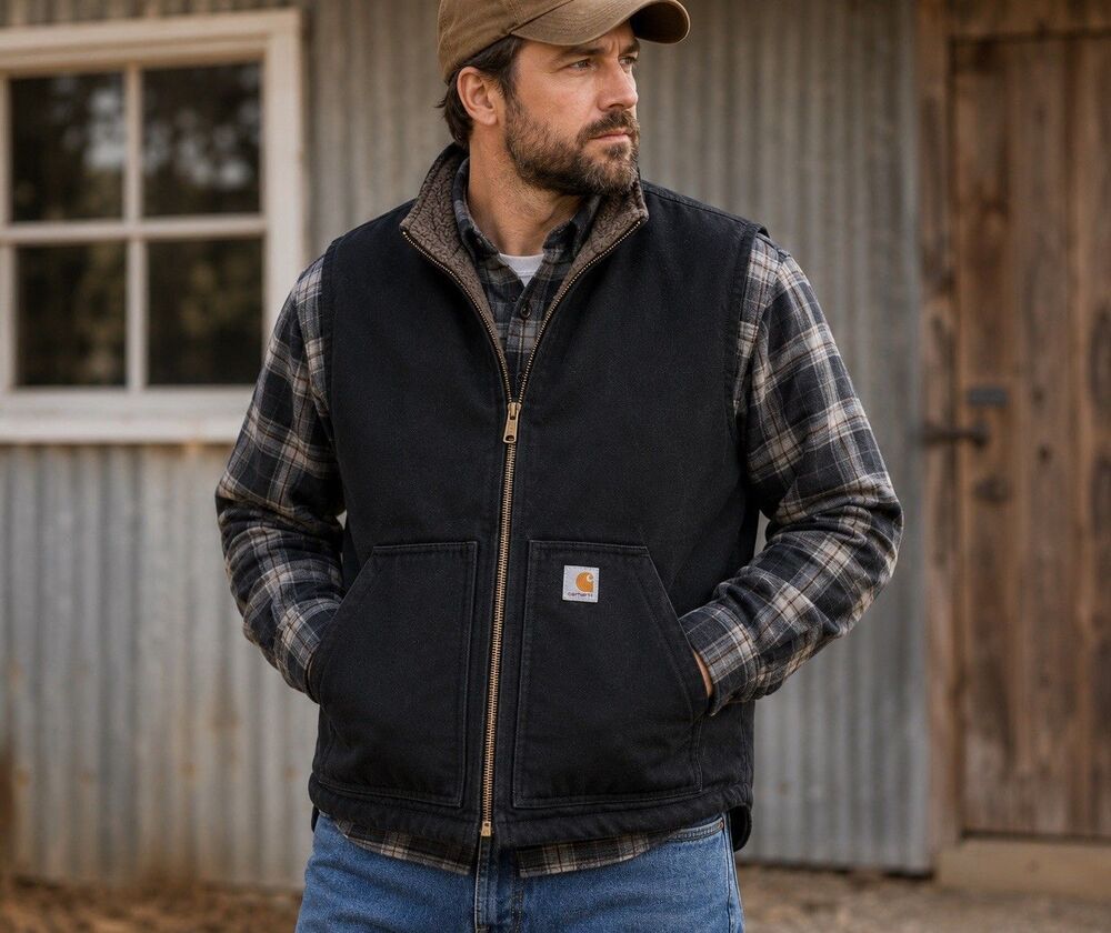 Carhartt OV4394-M Men’s XL Black Sherpa Lined Canvas Vest Relaxed Fit Workwear